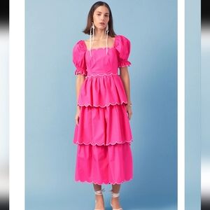 English Factory Vibrant Pink Scallop Tiered Midi Dress